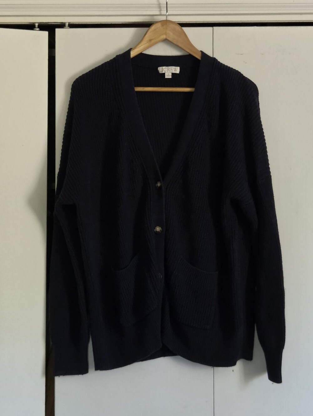 J. Crew Navy Ribbed V-Neck Cardigan with Patch Pockets